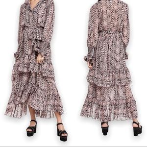 MISA Los Angeles Snake Print Valentina Chiffon Tiered Maxi Dress Sz XS